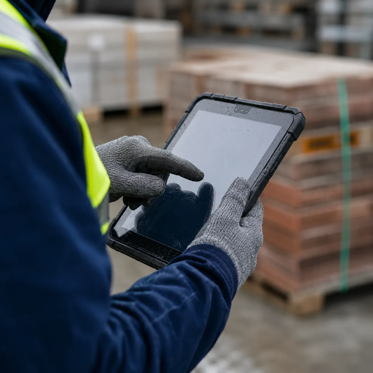 Field worker using a rugged tablet