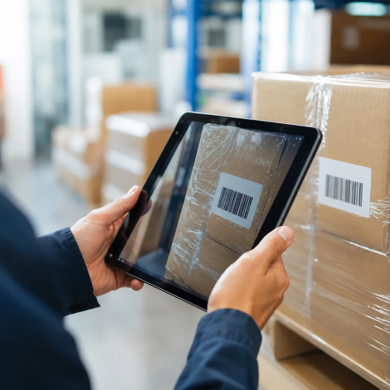 Tablet scanning a barcode on a warehouse package